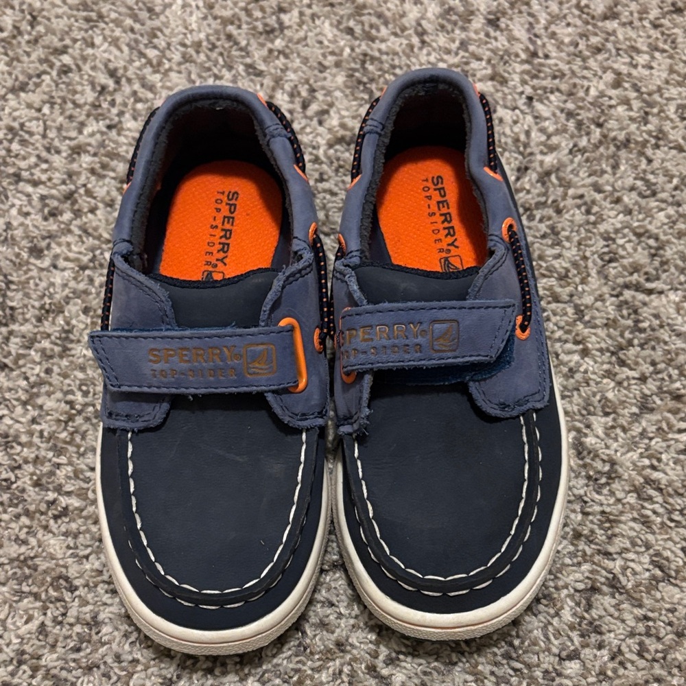 Sperry Kids Navy Moccasins with Orange Accents